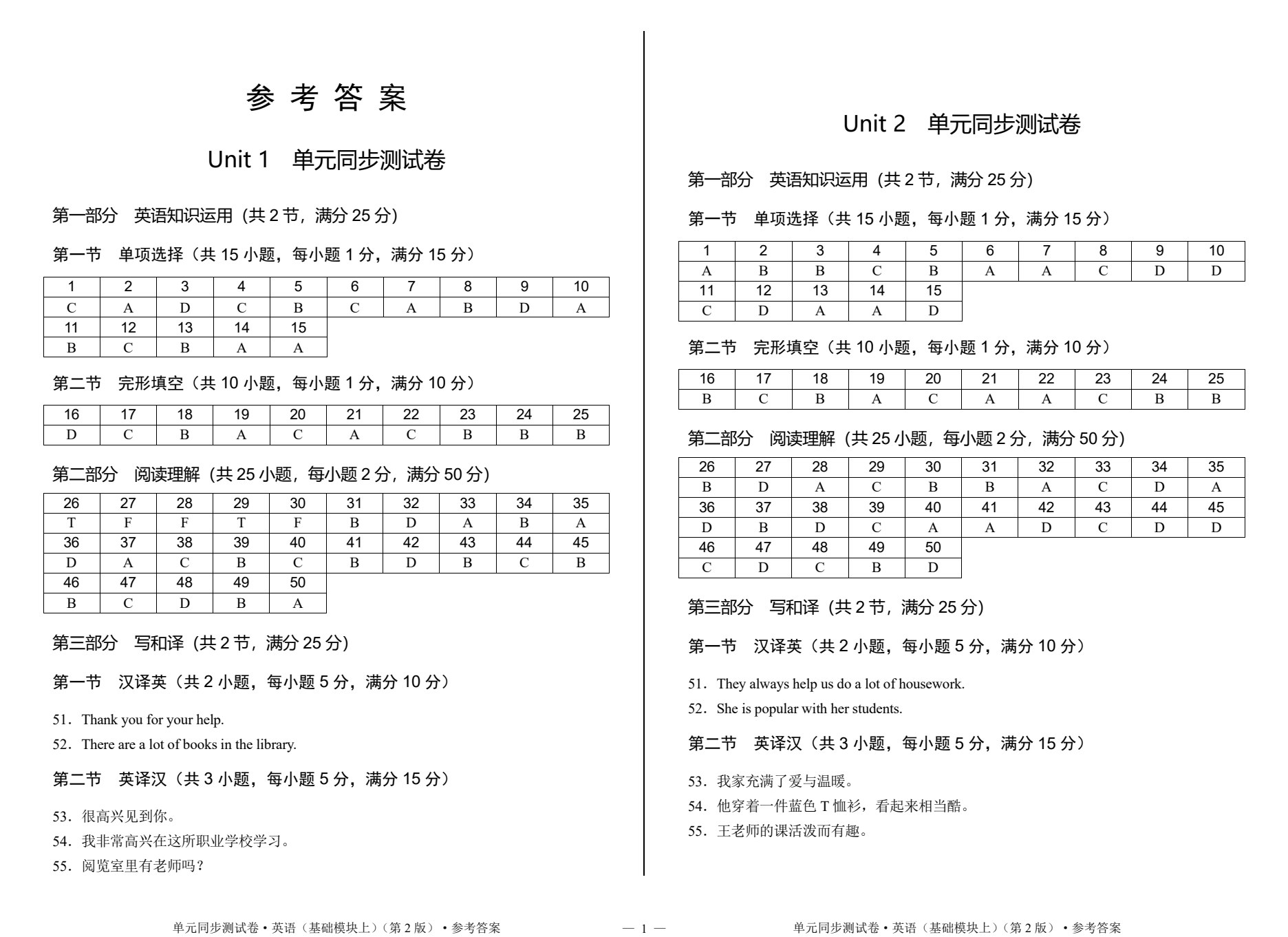 单元同步测试卷&middot;英语（基础模块上）（第2版）