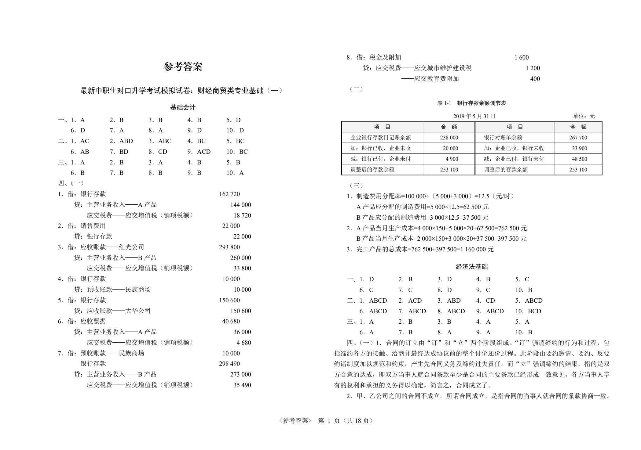 最新中职生对口升学考试模拟试卷：财经商贸类专业基础