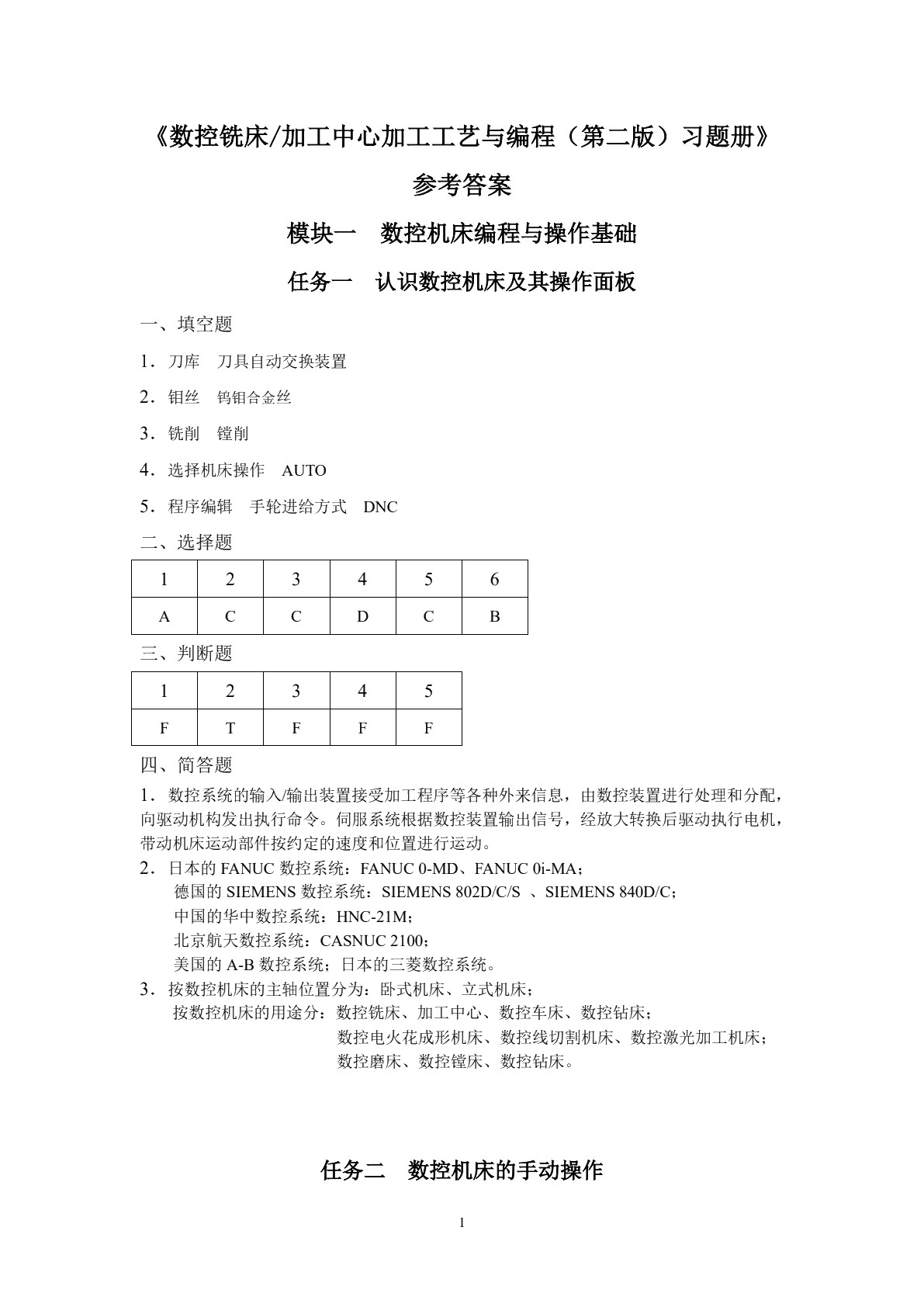 数控铣床/加工中心加工工艺与编程（第二版）习题册